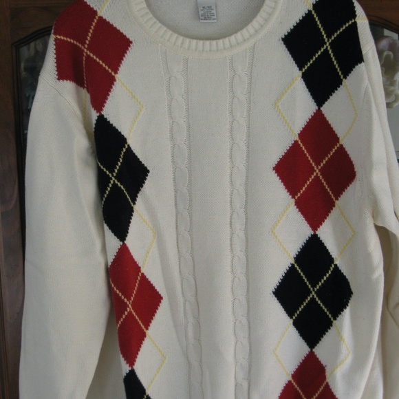GEOFFREY BEENE ARGYLE CREAM CREWNECK SWEATER XL - Picture 2 of 4